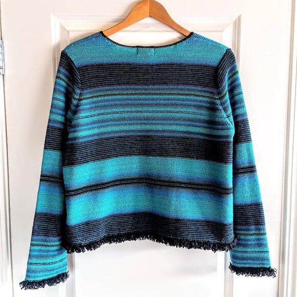 Sigrid Olsen Sport Turquoise Blue Stripe Cotton Knit Pullover Sweater - Picture 2 of 6